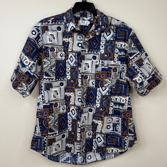 IKE Behar Mens Short Sleeve Collar Button Up Blue Gray Tribal Shirt Large L USA - Picture 1 of 11